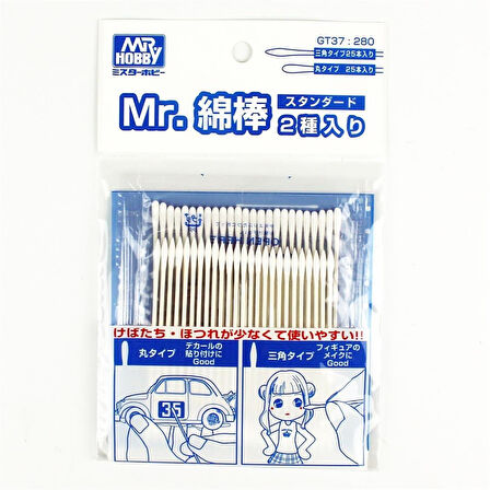 Mr.Hobby GT-37 Ucu Pamuklu Plastik Çubuklar, 25 Adet Yuvarlak Uclu, 25 Adet Üçgen Uclu