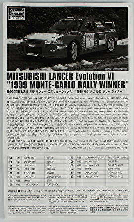 Hasegawa 20666 1/24 Ölçek, Mitsubishi Lancer Evolution VI (1999 Monte-Carlo Rally winner) (Limited Edition) Yarış Aracı Plastik