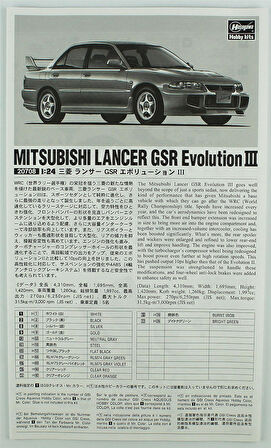 Hasegawa 20708 1/24 Ölçek, Mitsubishi Lancer GSR Evolution III, Otomobil Plastik Model Kiti