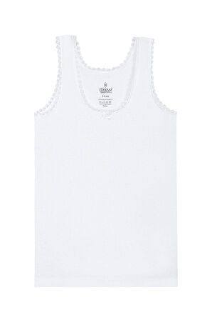 Kız Çocuk %100 Pamuklu Ribana Yakası Dantel Detaylı Kalın Askılı Atlet | Beyaz K1605