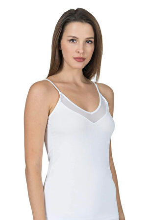 Kadın İnce Askılı Tüllü Modal Atlet | Beyaz K22813