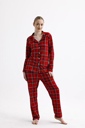 Kadın Süet Önden Düğmeli Pijama Takımı | Ekose Kırmızı