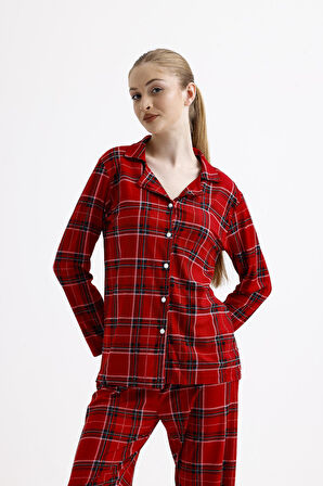 Kadın Süet Önden Düğmeli Pijama Takımı | Ekose Kırmızı