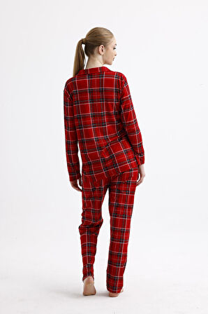 Kadın Süet Önden Düğmeli Pijama Takımı | Ekose Kırmızı