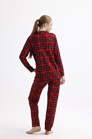 Kadın Süet Önden Düğmeli Pijama Takımı | Ekose Kırmızı - Lacivert