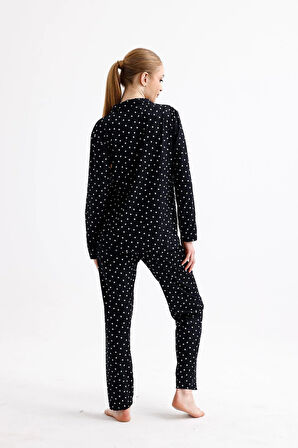 Kadın Süet Önden Düğmeli Pijama Takımı | Kalpli Siyah