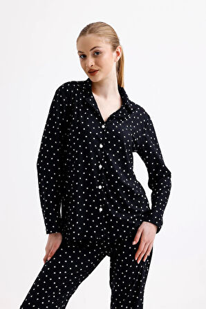 Kadın Süet Önden Düğmeli Pijama Takımı | Kalpli Siyah
