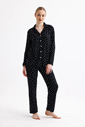 Kadın Süet Önden Düğmeli Pijama Takımı | Kalpli Siyah