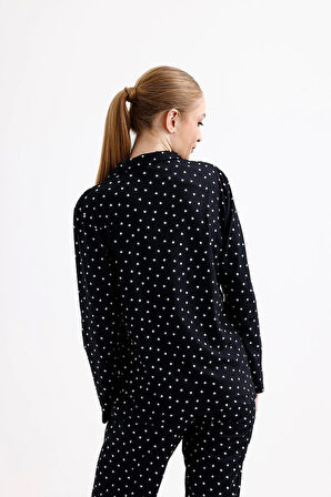 Kadın Süet Önden Düğmeli Pijama Takımı | Kalpli Siyah