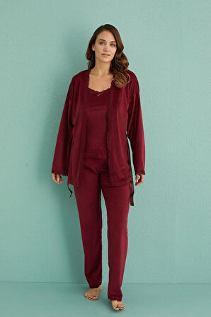 Kadın Kadife Sabahlıklı Altı Uzun 3'lü Pijama Takımı | 13402-5