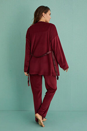 Kadın Kadife Sabahlıklı Altı Uzun 3'lü Pijama Takımı | 13402-5