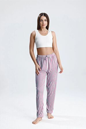 Kadın Dikey Çizgili Uzun Pijama Pantolon | Mor