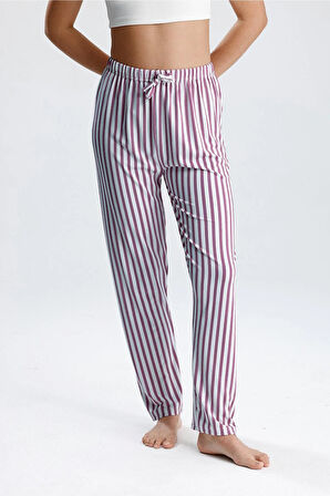 Kadın Dikey Çizgili Uzun Pijama Pantolon | Mor