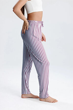 Kadın Dikey Çizgili Uzun Pijama Pantolon | Mor