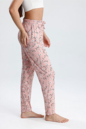 Kadın Çiçek Desenli Uzun Pijama Pantolon  | Pembe