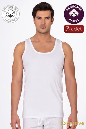 3'lü Paket Pamuklu Süprem Kalın Askılı Klasik Erkek Atlet | Beyaz K0050