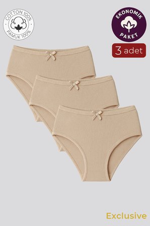 Kadın Yüksek Bel Pamuklu Ribana Slip Külot 3'Lü Paket – Esnek & Rahat | Ten K0305
