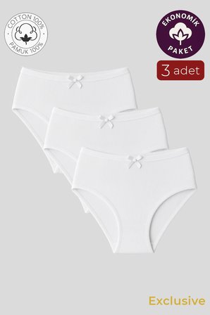 Kadın Yüksek Bel Pamuklu Ribana Slip Külot 3'Lü Paket – Esnek & Rahat | Beyaz K0305