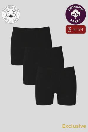 Erkek Pamuklu Penye Paçalı Boxer 3'lü Paket – Rahat & Dayanıklı | Siyah K0043