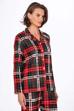 Kadın Süet Önden Düğmeli Pijama Takımı | Yeşil Ekose