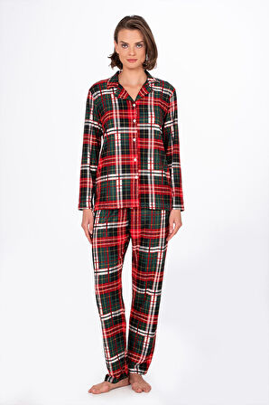 Kadın Süet Önden Düğmeli Pijama Takımı | Yeşil Ekose