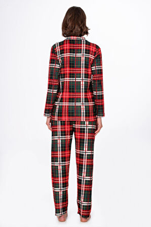 Kadın Süet Önden Düğmeli Pijama Takımı | Yeşil Ekose