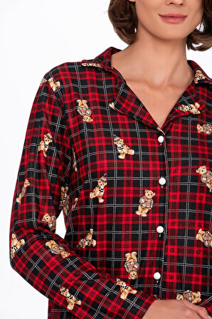 Kadın Süet Önden Düğmeli Pijama Takımı | Ayıcık Desen
