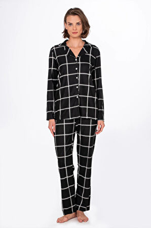 Kadın Süet Önden Düğmeli Pijama Takımı | Beyaz Çizgili