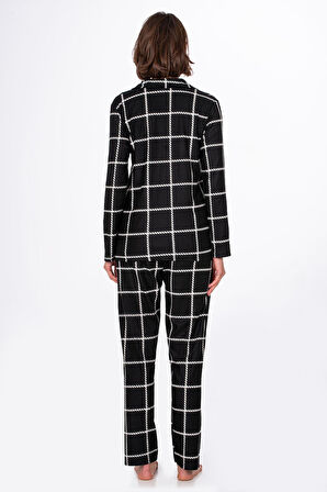 Kadın Süet Önden Düğmeli Pijama Takımı | Beyaz Çizgili