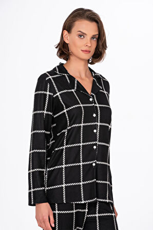 Kadın Süet Önden Düğmeli Pijama Takımı | Beyaz Çizgili