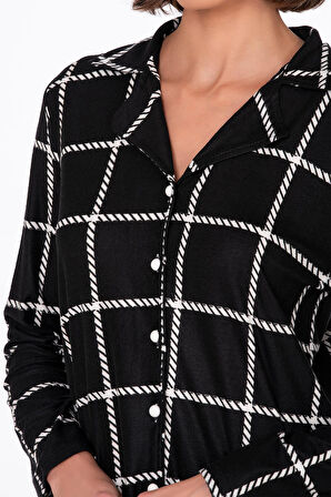 Kadın Süet Önden Düğmeli Pijama Takımı | Beyaz Çizgili