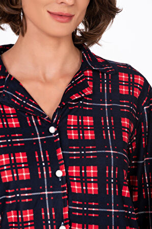 Kadın Süet Önden Düğmeli Pijama Takımı | Ekose Lacivert