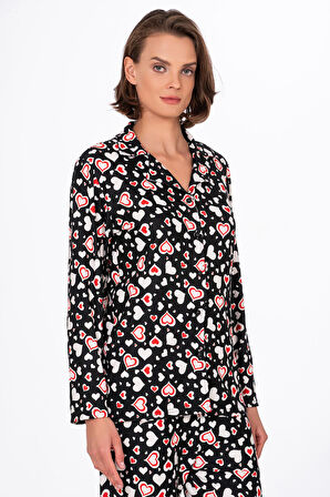 Kadın Süet Önden Düğmeli Pijama Takımı | Kalpli