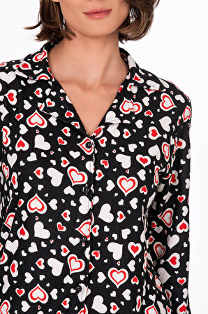 Kadın Süet Önden Düğmeli Pijama Takımı | Kalpli