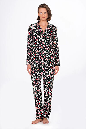Kadın Süet Önden Düğmeli Pijama Takımı | Kalpli