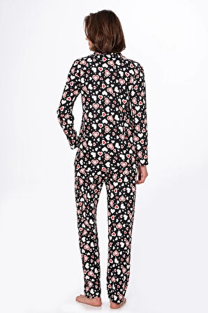 Kadın Süet Önden Düğmeli Pijama Takımı | Kalpli