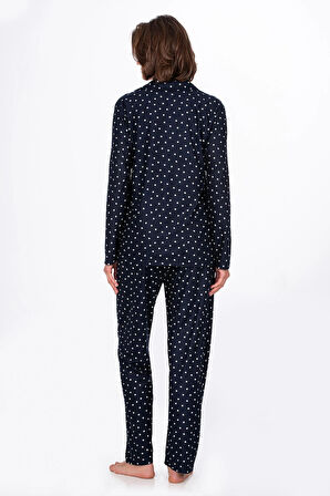 Kadın Süet Önden Düğmeli Pijama Takımı | Kalpli Lacivert