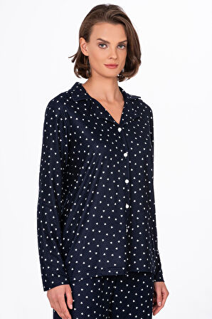 Kadın Süet Önden Düğmeli Pijama Takımı | Kalpli Lacivert