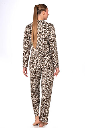 Lizbon Kumaş Leopar Desenli İçi Şardonlu Önden Düğmeli Kadın Pijama Takımı