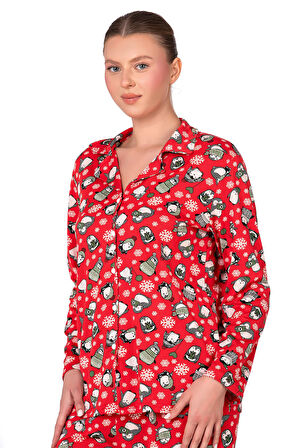 Lizbon Kumaş İçi Şardonlu Kırmızı Kış Desenli Önden Düğmeli Kadın Pijama Takımı