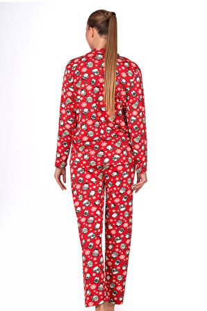 Lizbon Kumaş İçi Şardonlu Kırmızı Kış Desenli Önden Düğmeli Kadın Pijama Takımı