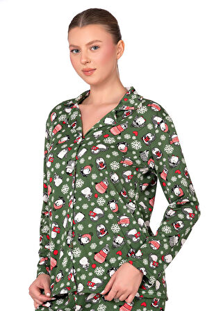 Lizbon Kumaş İçi Şardonlu Yeşil Kış Desenli Önden Düğmeli Kadın Pijama Takımı