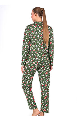 Lizbon Kumaş İçi Şardonlu Yeşil Kış Desenli Önden Düğmeli Kadın Pijama Takımı