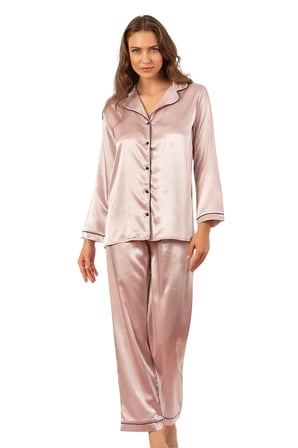 Biyeli Uzun Kol Saten Önden Düğmeli Pijama Takımı | Pudra 7647