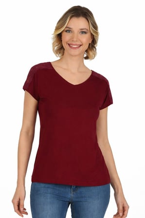 Kadın Omuz Dantel Detaylı Örme Bluz | Bordo 25465