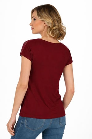 Kadın Omuz Dantel Detaylı Örme Bluz | Bordo 25465