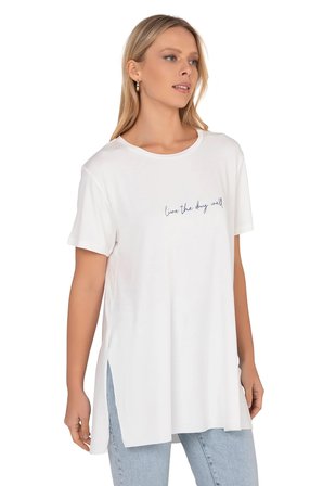 Kadın Oversize Basic Minimal Yazı Detaylı Bluz | Ekru 27082