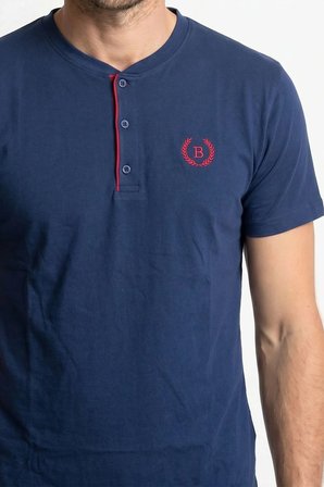 Erkek % 100 Pamuk Düğmeli Yaka Altı Düz Cepli Kısa Kol Pijama Takımı | Lacivert 620