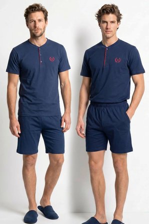 Erkek % 100 Pamuk Düğmeli Yaka Altı Düz Cepli Şortlu Pijama Takımı | Lacivert 622