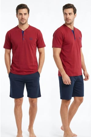 Erkek % 100 Pamuk Düğmeli Yaka Altı Düz Cepli Şortlu Pijama Takımı | Bordo 624